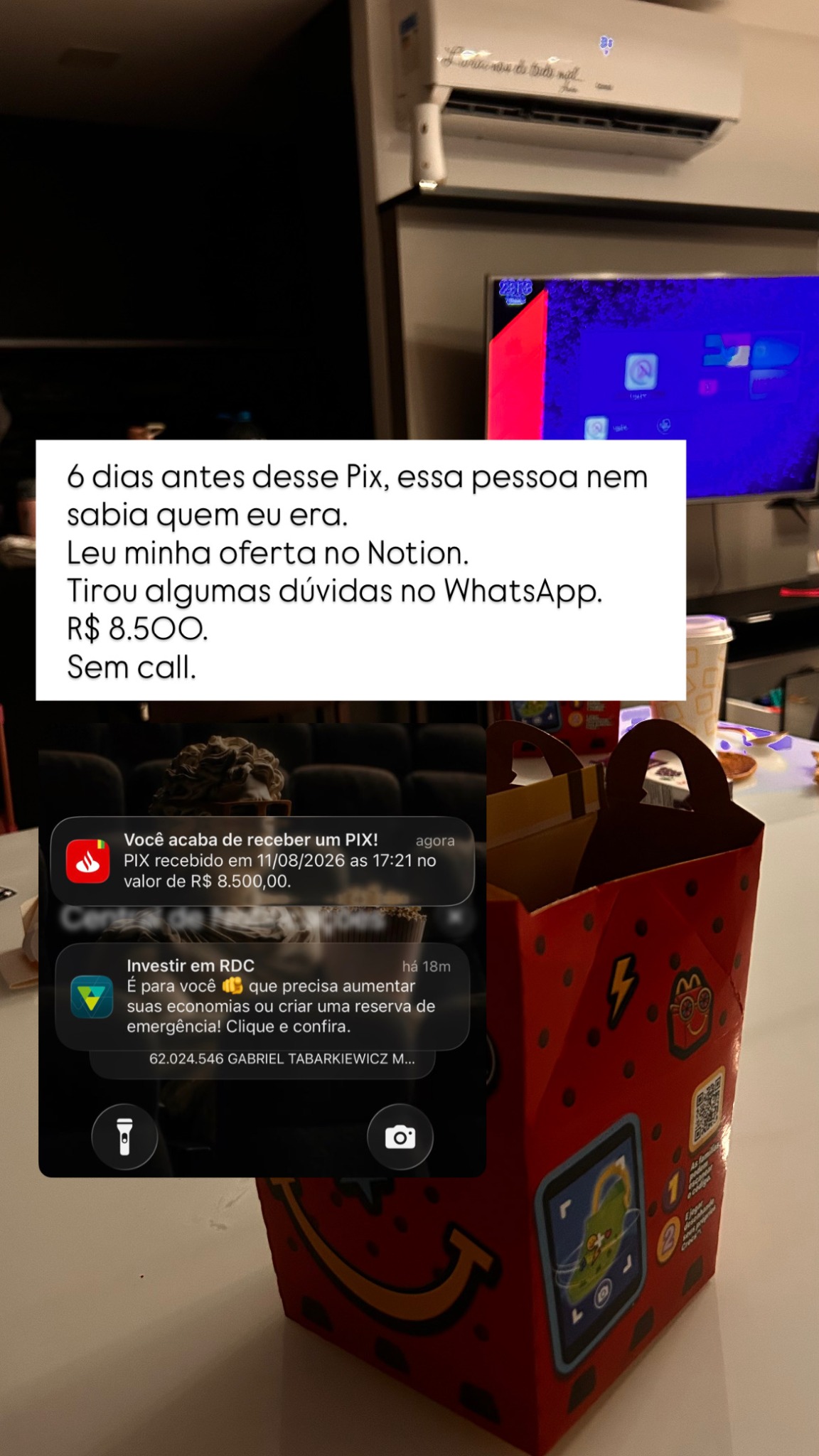Story com venda de R$8.500 sem call